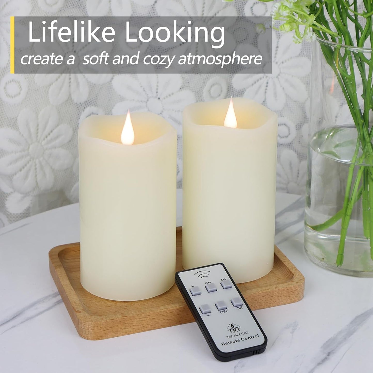 TECHLONG Flameless Candles Battery Operated with Remote Timer, 3D Moving Flame Flickering, Last 600+ Hours Battery Candles, 3" x 3" Ivory Real Wax Electric LED Candle for Wedding Party, Set of 2