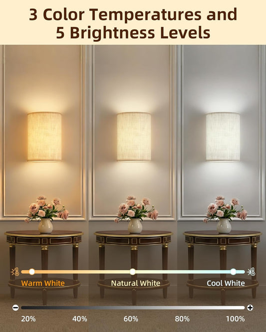 EZVALO Battery Operated Wall Sconce, Rechargeable Wall Sconces Set of Two with Remote, 3 Color & 80 RGB Wireless Wall Mount Light, Dimmable, Timer, Fabric Linen Shade Decor for Bedroom, Living Room