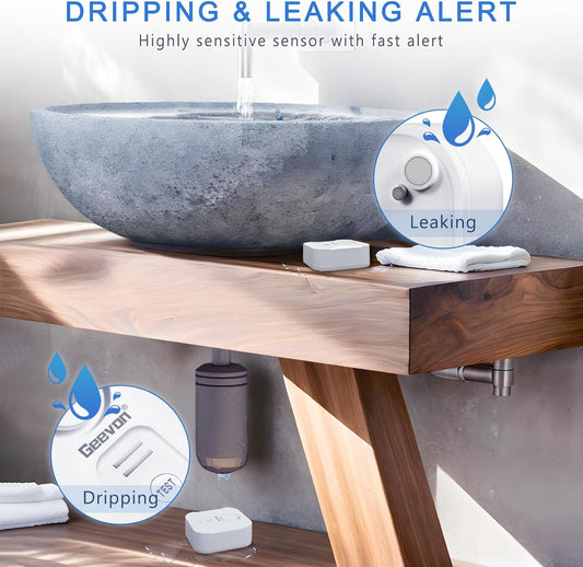 Geevon 2 Pack Water Leak Detectors for Home, 100dB Water Sensor Alarm Flood Leakage Detection Devices for Bathroom, Basements, Laundry Rooms, Kitchen, IP56 Waterproof(Battery&Screwdriver Included)