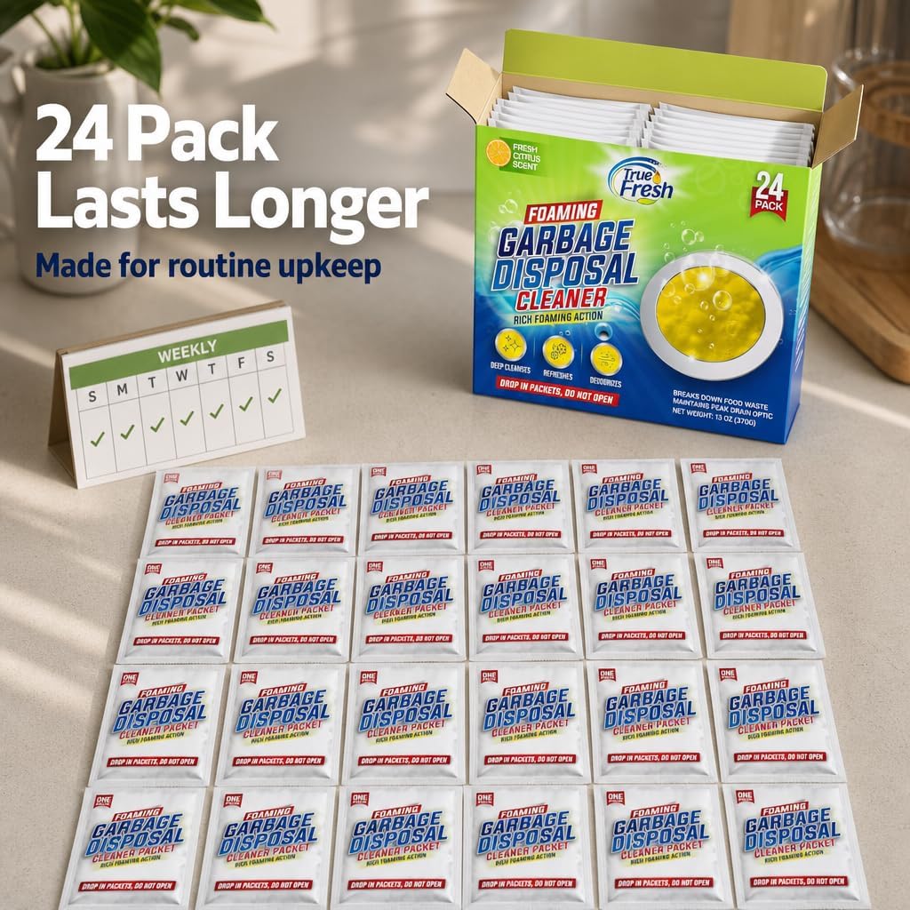 True Fresh Garbage Disposal Cleaner Powder Packets, Large 15g Drop-In Sink Packets, Deep Foaming Sink & Drain Cleaner for Grease & Residue, Disposal Cleaner and Deodorizer, Fresh Citrus Scent, 24 Pack