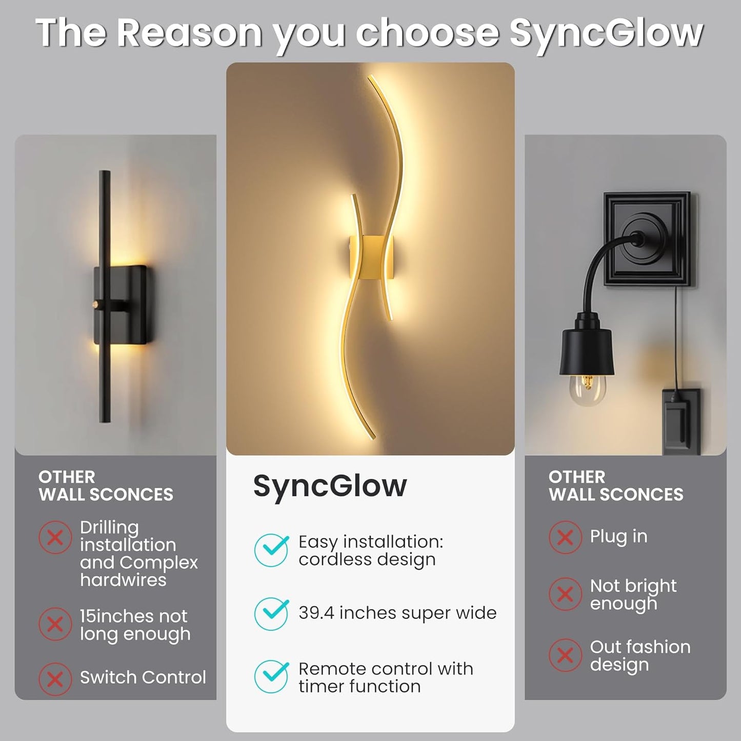 Battery Operated Wall Sconces Set of Two, 10000mAh Rechargeable Modern Wall Lights with Remote Control, Dimmable Gold LED Cordless Lighting for Living Room, Bedroom, Hallway, 39.4 Inch, 3CCT