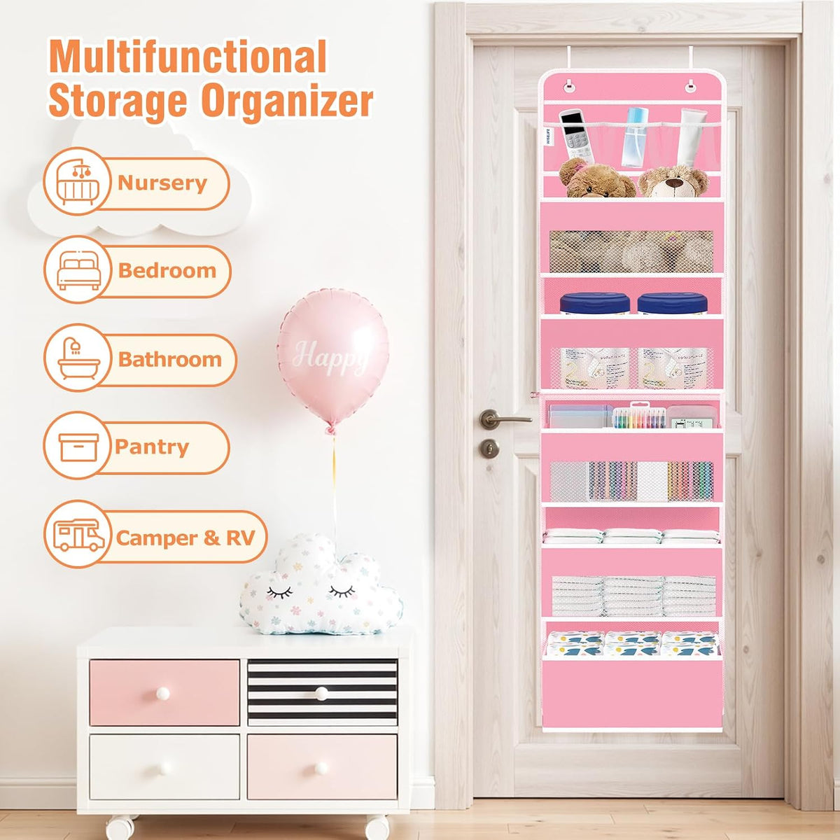 WISELIFE Over The Door Organizer Storage 4 Shelves Large Capacity Hanging Bedroom Storage Solution with 6 Side Pockets for Dorm Bathroom Pantry Nursery and Baby Essentials Holds up to 40 Lbs (Black)