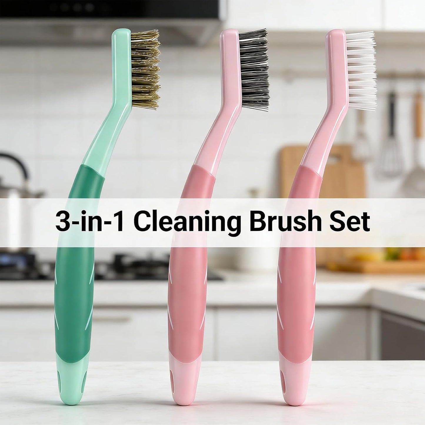 3-Pack Deep Clean Brush Set, Hard Bristle Brush & Steel Wire Scrubber for Bathroom Tiles, Grout, Kitchen Sinks, Stove Tops, Heavy Duty Cleaning Brushes with Comfort Grip, 2 Pink & 1 Green Brushes