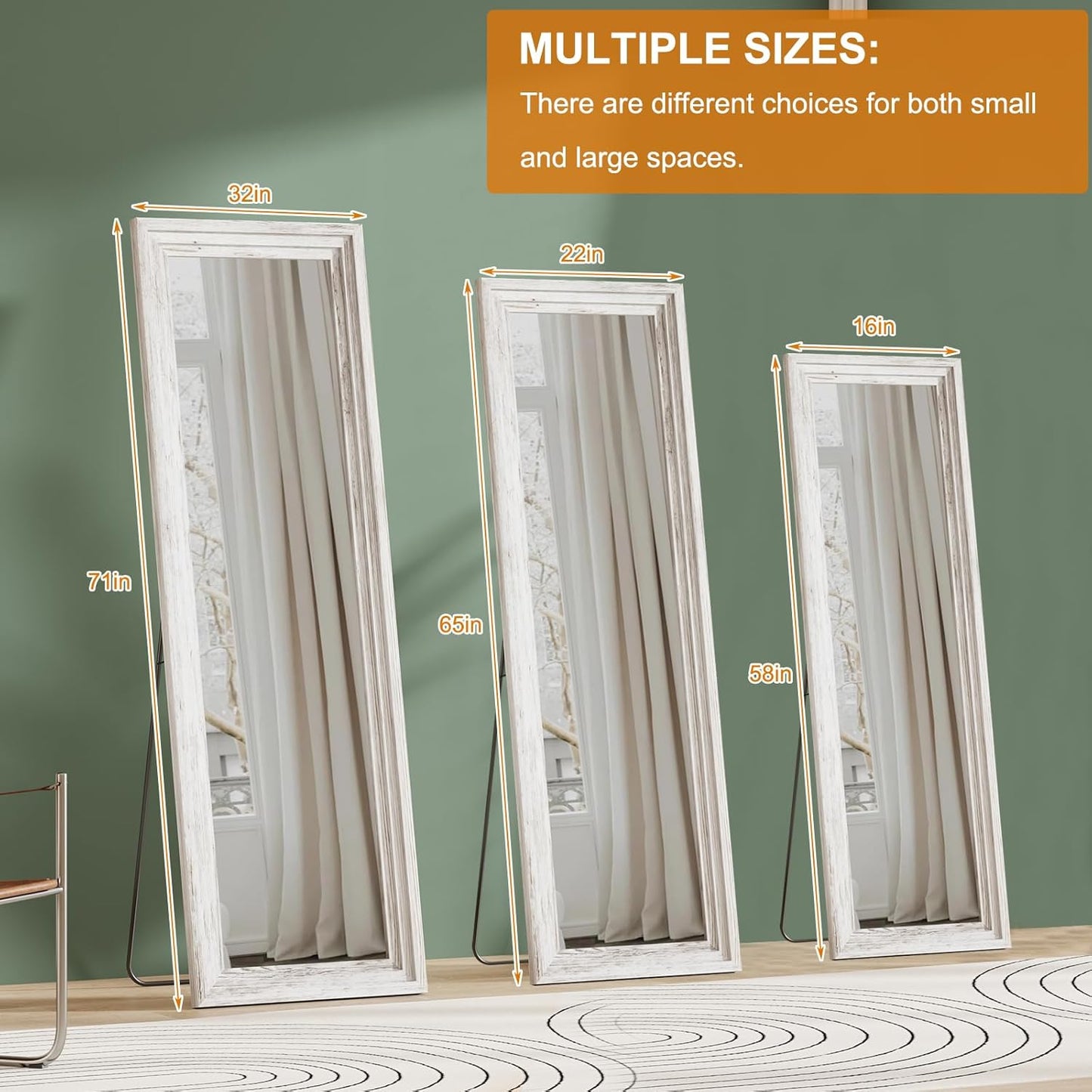 ZHUNFA Full Length Mirror, 71x32 Inch Full Length Mirror Wall Mounted | Vertical Hanging, Leaning Standing for Bedroom, Living Room, Rectangular Wooden Frame, Log Color.