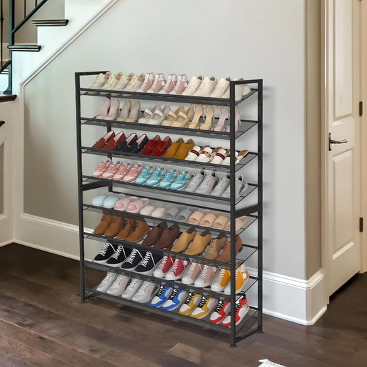 Large Shoe Rack 8 Tier Shoe Organizer, Heavy Duty Metal 4-Tier Stackable Shoe Storage Vertical Shoe Rack for Closet Front Door Entrance, Up to 50 Pairs, 44.8" W x 11.4" D x 56.7" H, Black