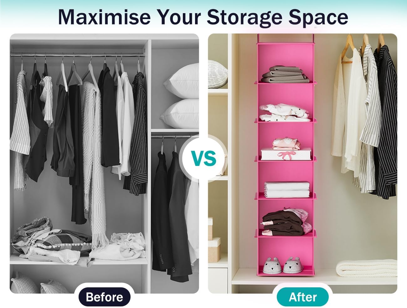 YOUDENOVA Hanging Closet Organizer, 6-Shelf Closet Hanging Shelves, Grey