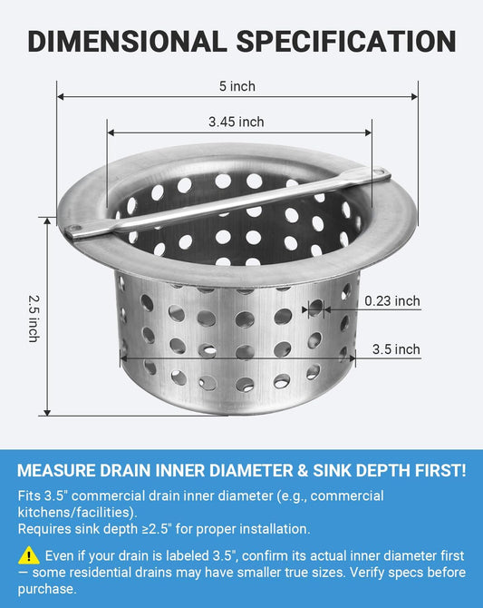 Commercial Floor Drain Strainer Basket, Heavy Duty 304 Stainless Steel Hair Catcher with Handle, Drain Filter for Kitchen/Utility Sinks & Floor Troughs - Prevents Clogs (Outer Diameter 5 Inch)