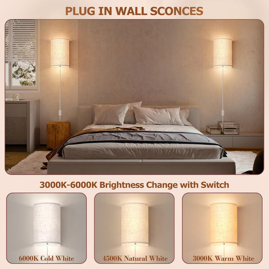 OCATO Battery Operated Wall Sconce: Wireless Wall Sconces Set of Two Magnetic Lamp Rechargeable Lights Dimmable with 16 RGB Colors Fabric Linen Shade with Remote Walls Decor for Bedroom Living Room