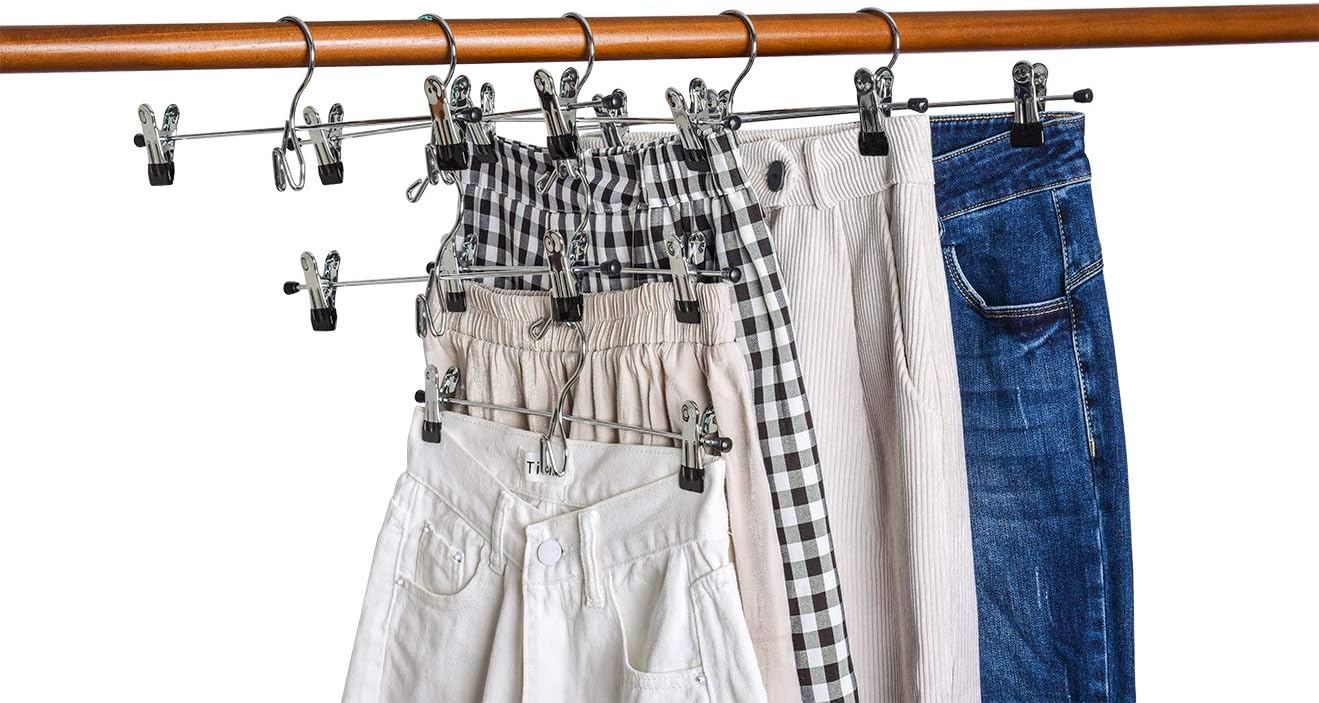 Amber Home 12 Pack Heavy Duty Add on Metal Pants Skirt Hangers, Stackable Add-on Metal Clothes Hangers with 2-Adjustable Clips, Cascading Clip Hangers Space Saving for Jeans, Slacks