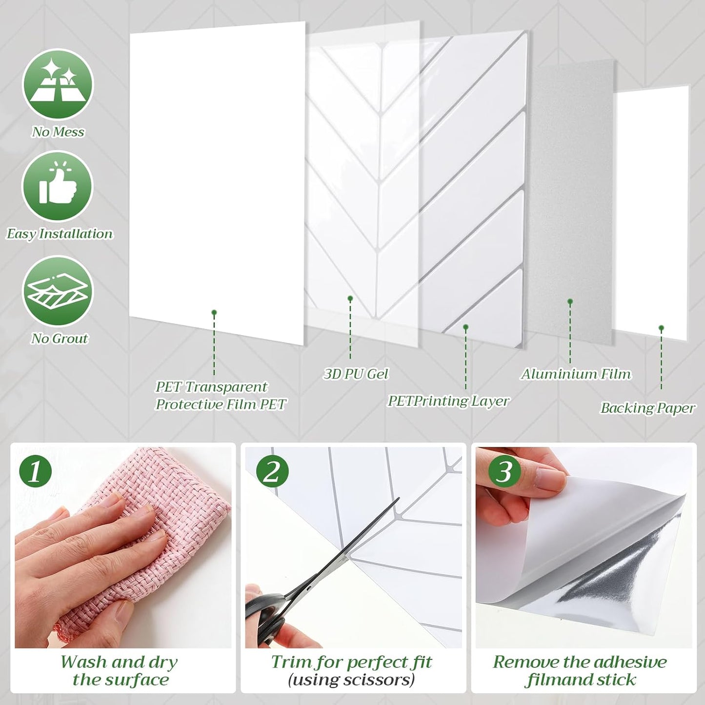 Nuanchu 10 Sheets White Herringbone Peel and Stick Backsplash 11.4 x 9 Inch 3D Stick on Wall Tiles, Self Adhesive, Waterproof & Easy to Clean for Kitchen Bathroom Rental Wall Tile