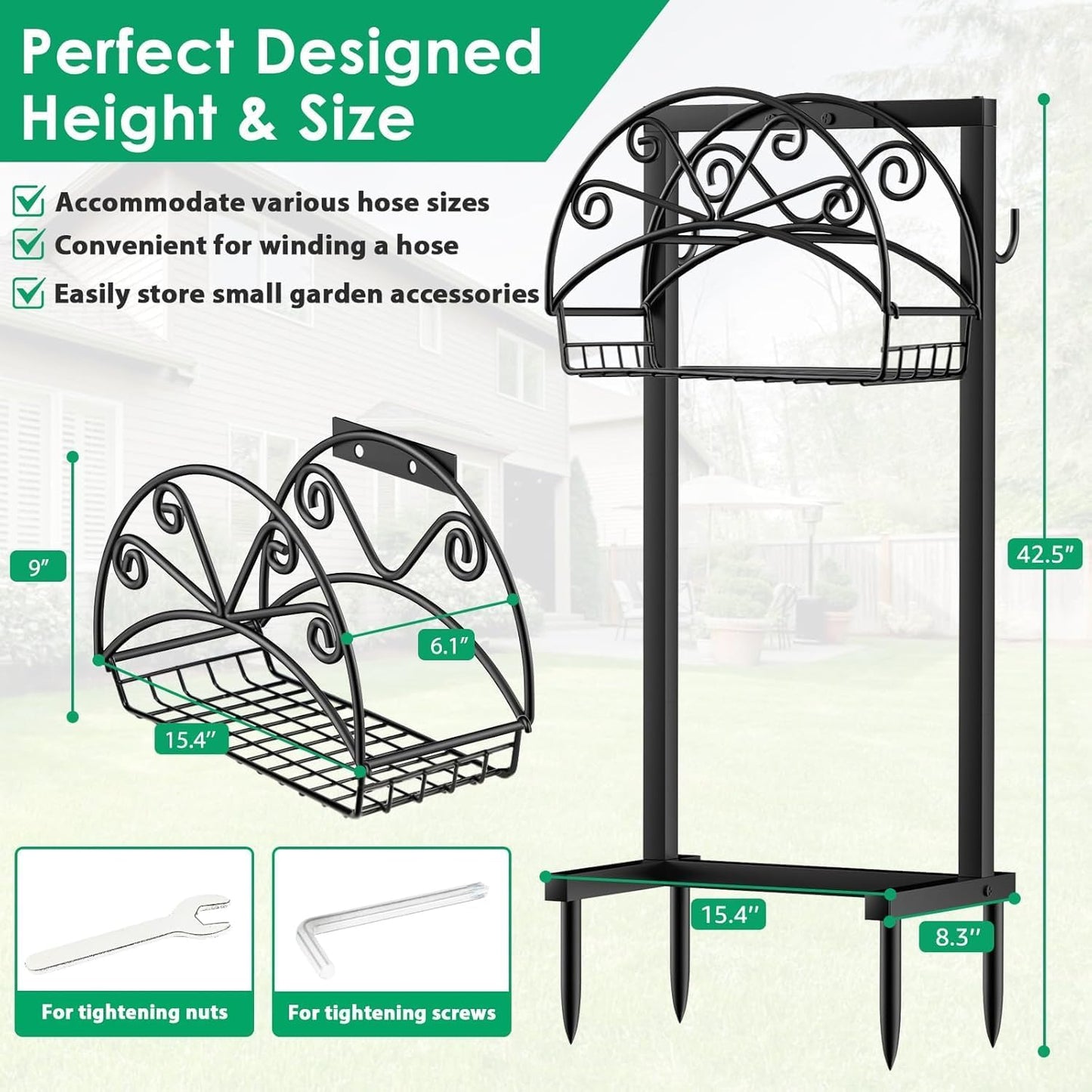 TomCare Garden Hose Holder Upgraded Water Hose Holder Heavy Duty 4 Spikes Hose Hanger Holds 160 Feet Hoses Stable Freestanding Hose Storage Organizer for Outside Yard