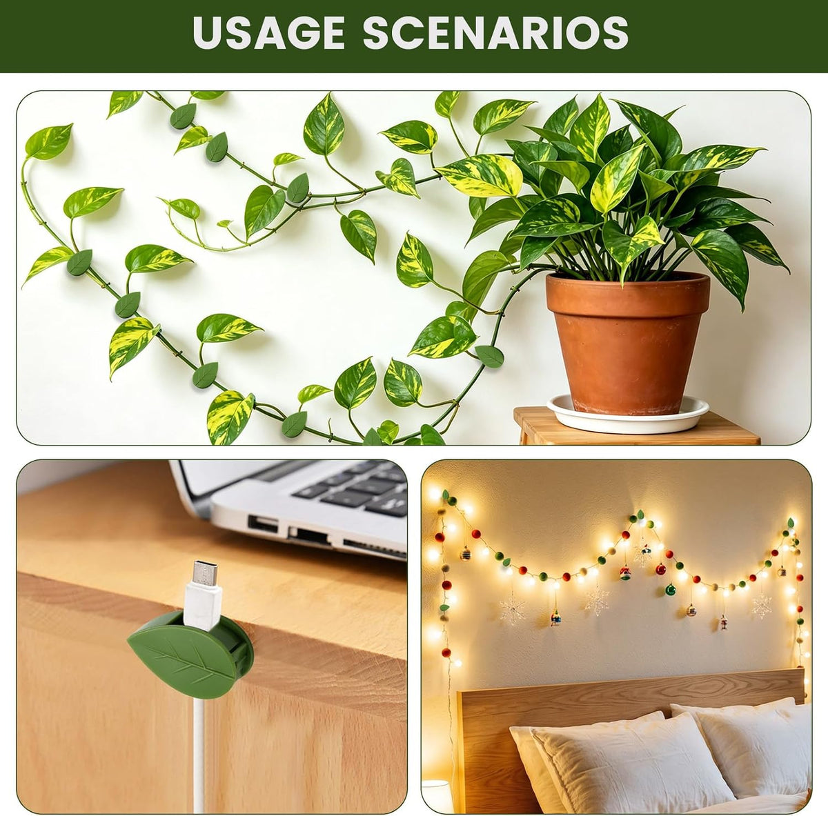 60 Pieces Plant Wall Clips with 72 Pieces Self Adhesive Stickers, Leaf Shaped Invisible Vine Clips for Climbing Plants Indoor Outdoor Decoration Cable Management