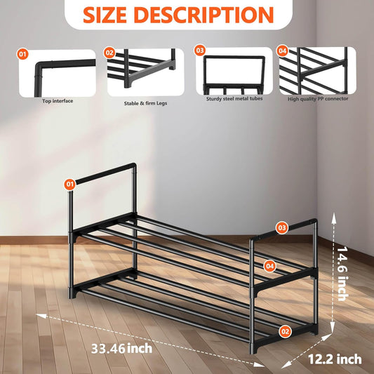 Hsscblet 5 Tiers Metal Shoe Rack,Adjustable Shoe Shelf Storage Organizer with Hooks,Stackable Boot & Shoe Storage,for Entryway,Hallway,Closet,Black