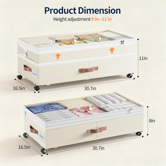 Yecaye 90L Under Bed Storage with Wheels, 8 in-11 in Height Adjustable Under Bed Storage Containers, Under Bed Shoe Storage with Lids & Label, Rolling Underbed Storage bins for Clothes, Toys, Grey