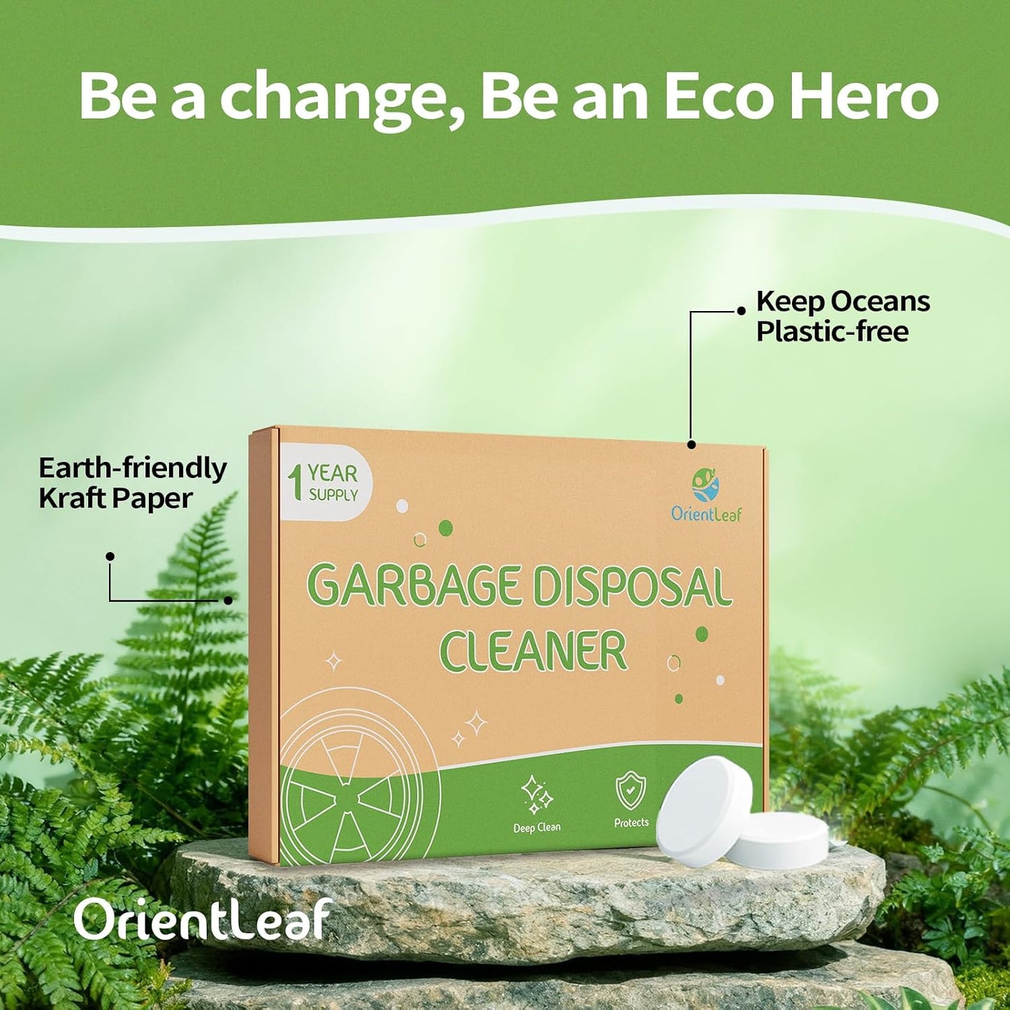 ORIENTLEAF Garbage Disposal Cleaner and Deodorizer Tablets 20g 1 Year Supply Sink Cleaner, Prevents Odors, Natural Kitchen Drain Cleaning Care 12 Pack