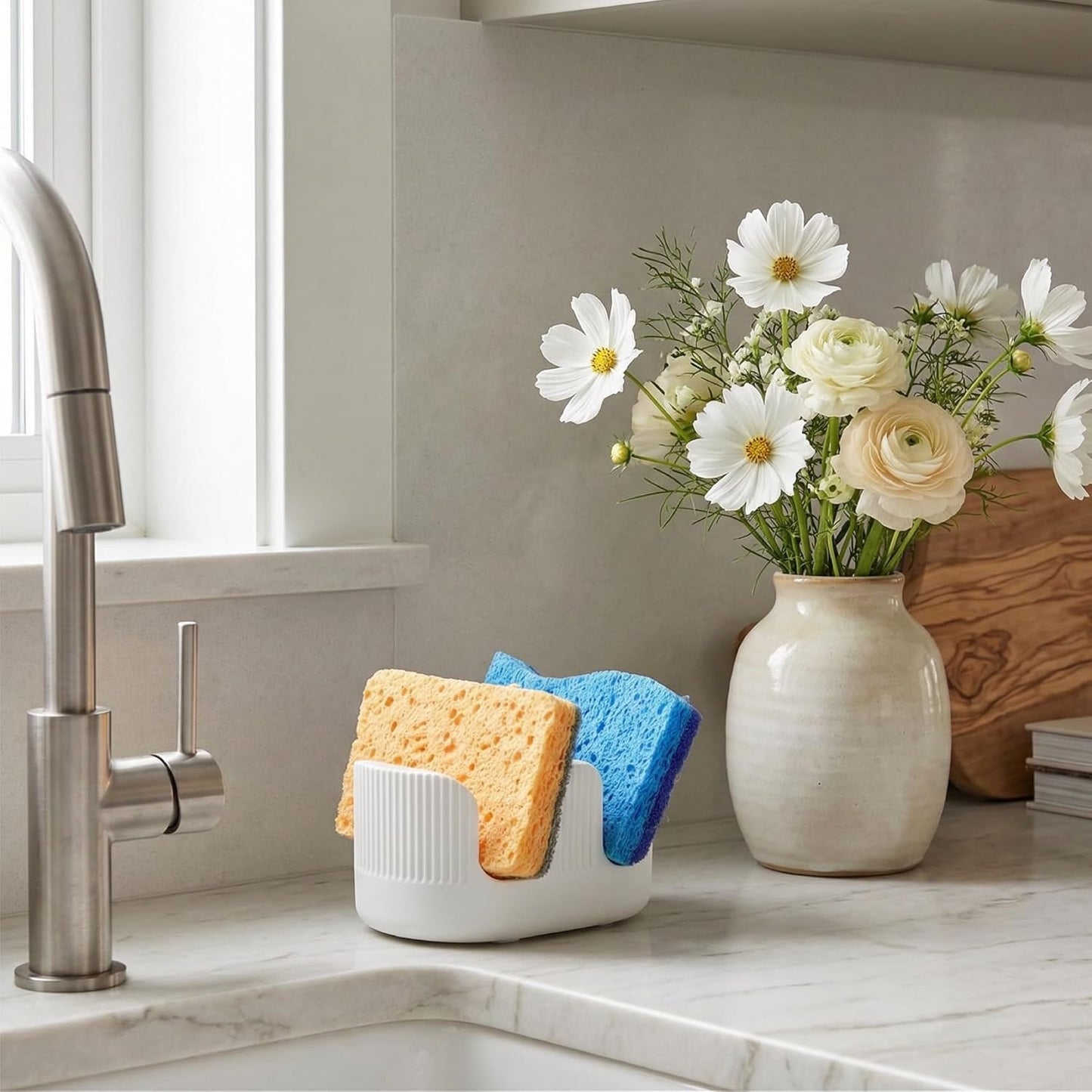 Ultra Absorbent Stone Sponge Holder for Kitchen Sink, 2 Slot Diatomite Dish Brush Sponge Holder, Diatomite Stone Sink Tray, Rustproof Sinks Caddy for Countertop, Double, White