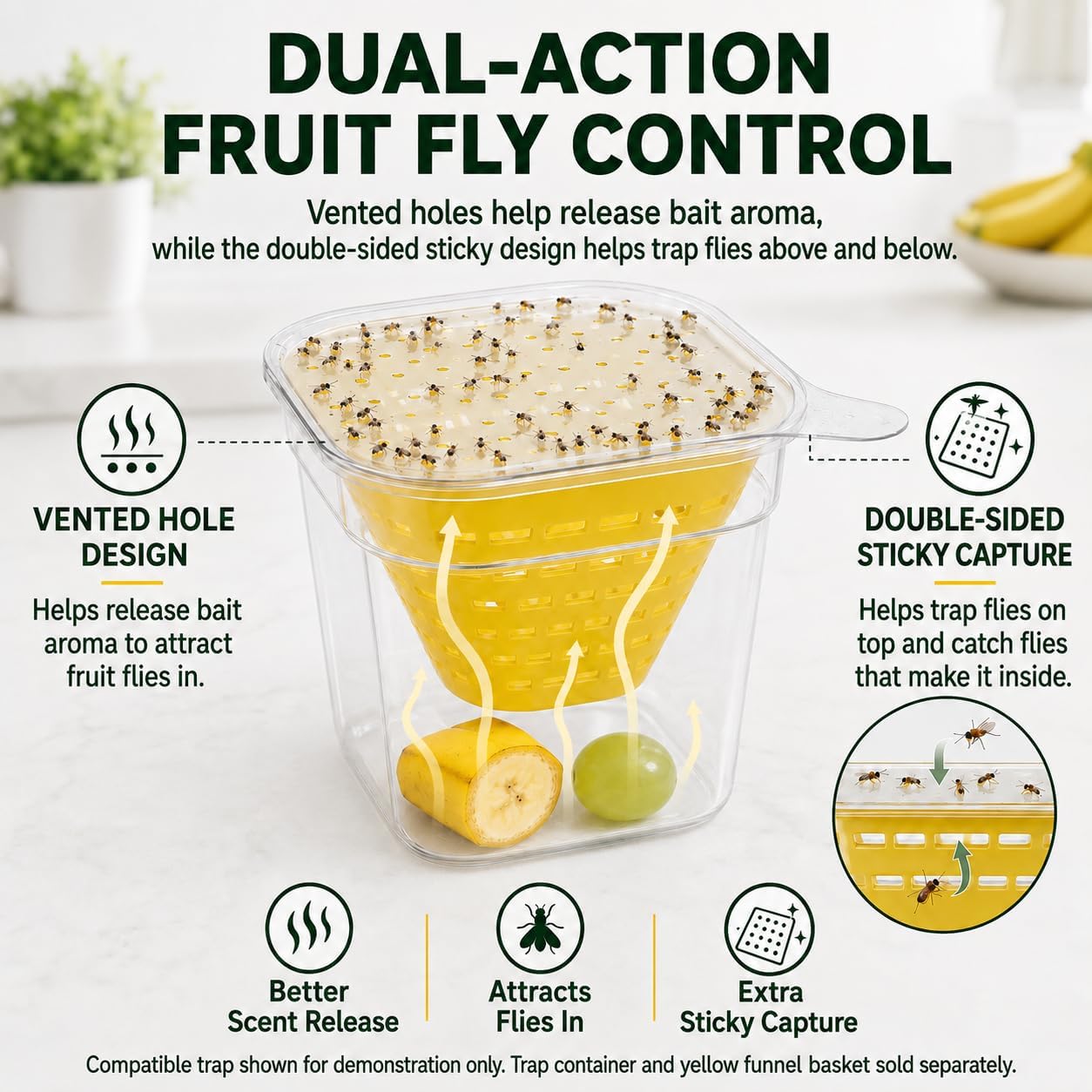 Fruit Fly Traps for Indoors, DIY Fruit Fly Traps - 4X Reuseable Funnel Traps + 24x Clear Sticky Trap - No-Mess, Uses Natural Bait