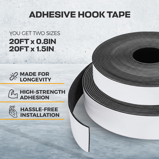 Screen Door Hook Tape, Hook Side Only - Adhesive Replacement in 2 Widths | Backside hook tape only (no loop side), weatherproof peel & stick for magnetic garage screen doors, 20ft x 0.8in + 1.5in