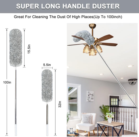 100-inch Extra-Long Dusters, Cleaner Tools with Extension Pole and Bendable and Washable Microfiber Head, Feather Duster for High Ceilings,Ceiling Fan,Furniture