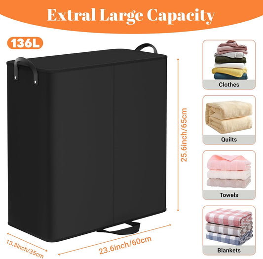 Large Double Laundry Hamper with Lid, Removable Bags & Reinforced Handles, 2 Section Tall Laundry Basket, Dirty Clothes Hampers for Laundry Room, Bedroom, Bathroom, Dorm, 136L, Gray