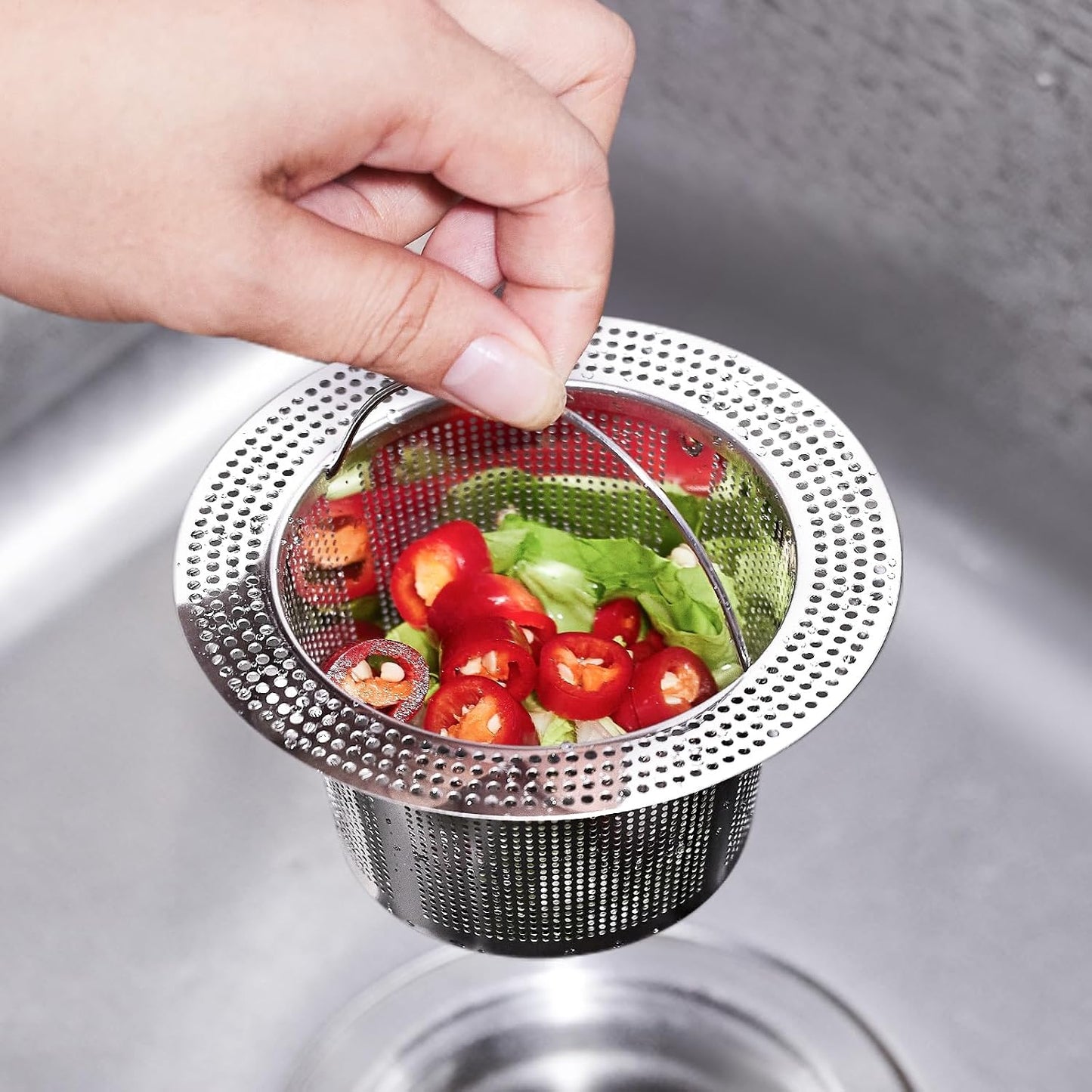2 Pc Kitchen Sink Drain Strainer, 304 Stainless Steel with Portable Handle for Standard 3-1/2 Inch Drain, Large 4.21 Inch Basket