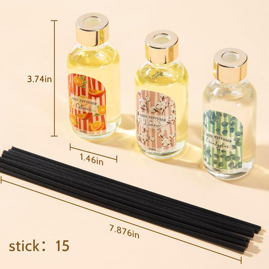 Reed Diffuser Set of 3 Pack, Linen Vanilla Citrus Scented Oil Diffuser with 15 Sticks, Reed Diffusers for Home, Bathroom Air Freshener, 1.7 Fl.oz Each, Total 5.1 Oz