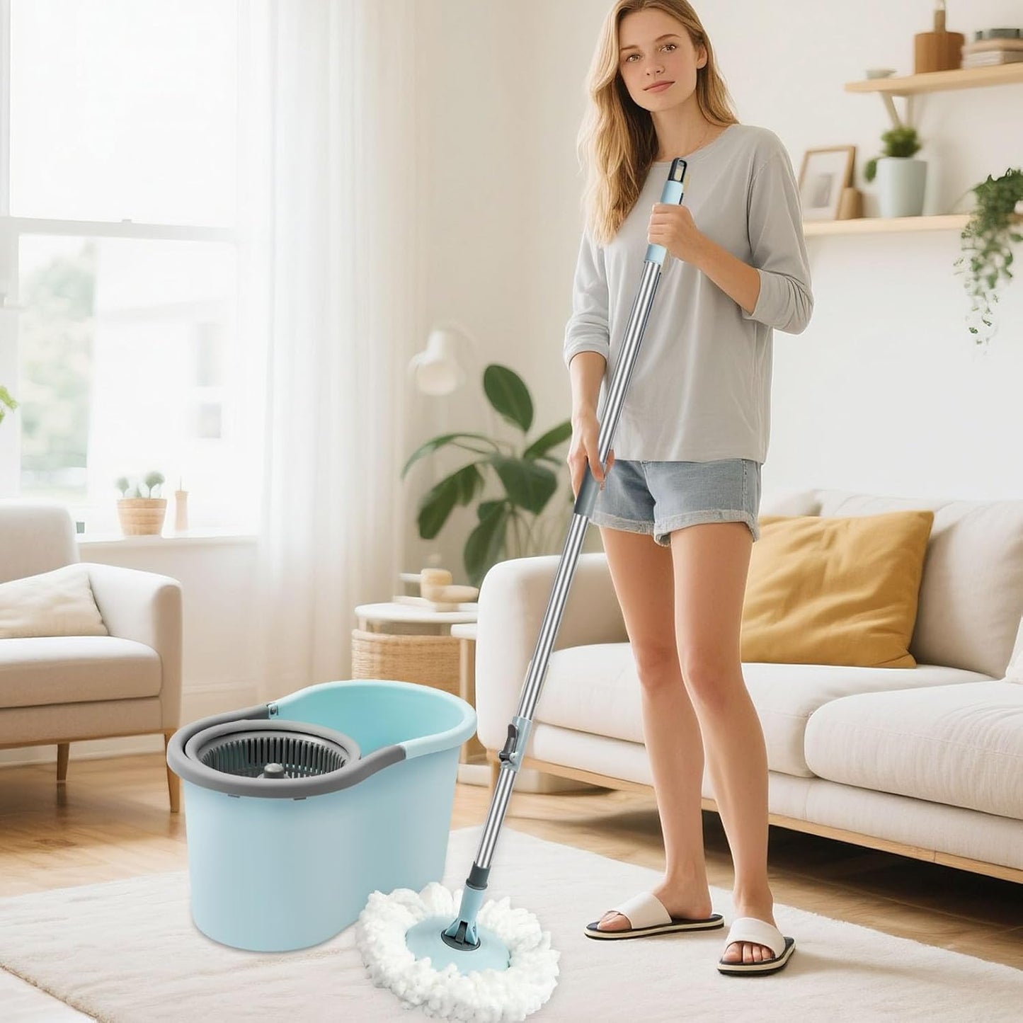Spin Mop and Bucket, Mop and Bucket with Wringer Set for Home, 360 Spinning Mop Bucket Floor Cleaning Tool with 3 Microfiber Mop Replacement Head Refills,50" Extended Handle for Floor Cleaning Home