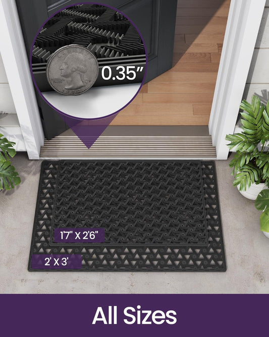 DEXI Front Door Mat Outside Entrance Rubber 19x30, Welcome Floor Doormat Heavy Duty Non Slip, Dirt Trapper Waterproof Exterior Entry Mats All Weather for Patio Entryway Drainage, Black