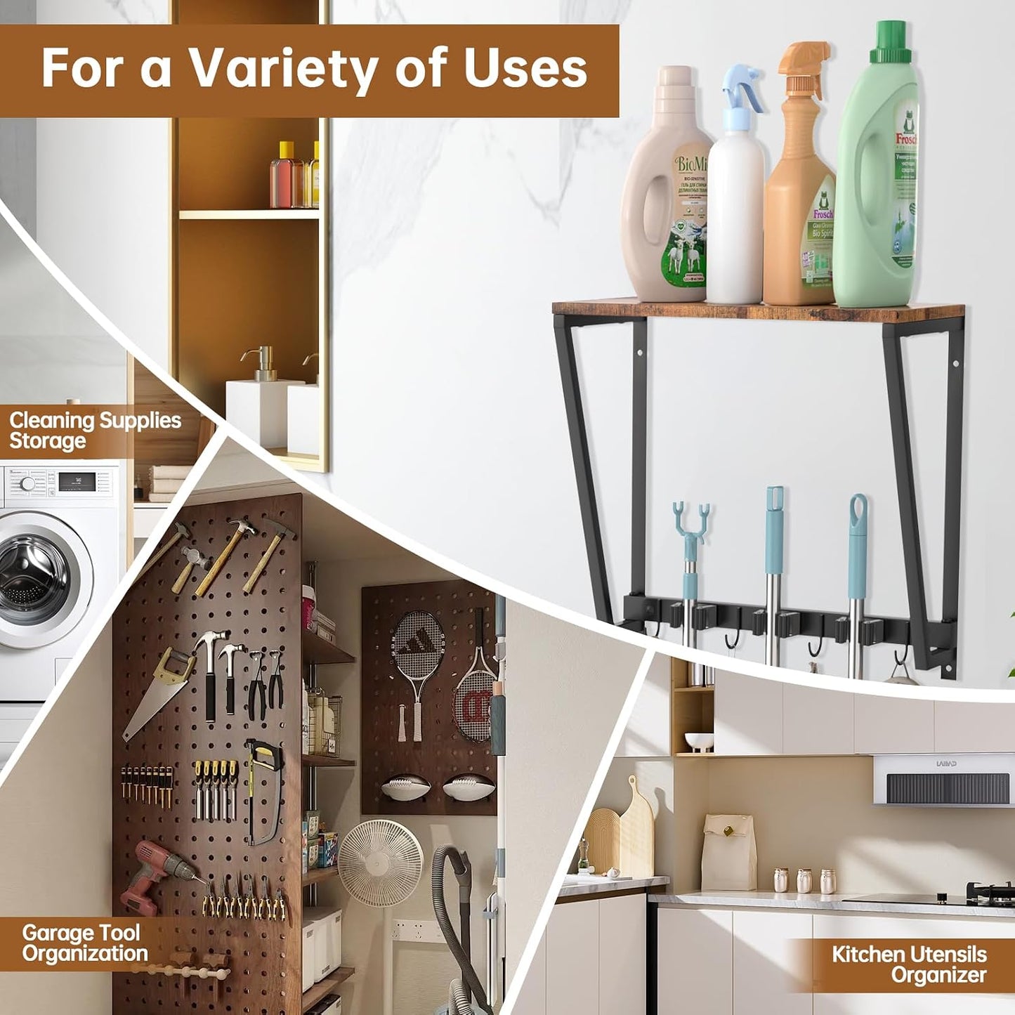 Broom and Mop Organizer Wall Mount, Heavy Duty Broom Hanger Wall Mount for Garage Laundry Room Utility Closet, Cleaning Tool Storage Rack Holder for Brooms Mops Swiffer and Household Organization
