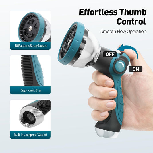 Besiter Garden Hose Nozzle Sprayer: 2 Pack 10 Watering Patterns Spray Nozzles Heavy Duty Metal Hose Head Hose Attachment, Thumb Control On Off Valve