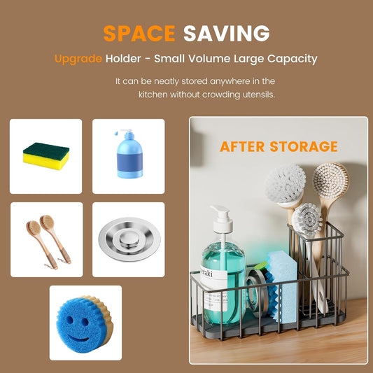 Kitchen Sink Countertop Sponge Holder - Stainless Steel Soap Caddy - Home Decor Kitchens Counter Organizer Accessories - Dish Brush Holder with Drain Rack and Tray - Organization and Storage Gadgets