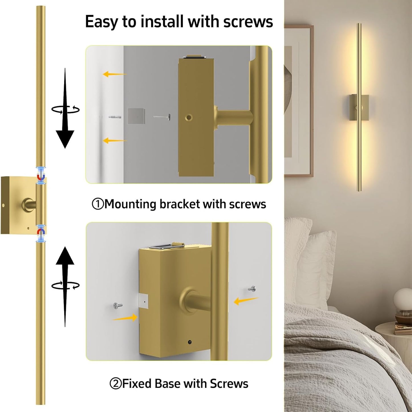 iThird Battery Operated Wall Sconces Set of 2: 10000mAh Rechargeable Wall Lights with Remote Control, 360° Rotate Wireless Wall Scone Decor for TV/Mirror Bedroom Living Room, 31.5 Inch, Black