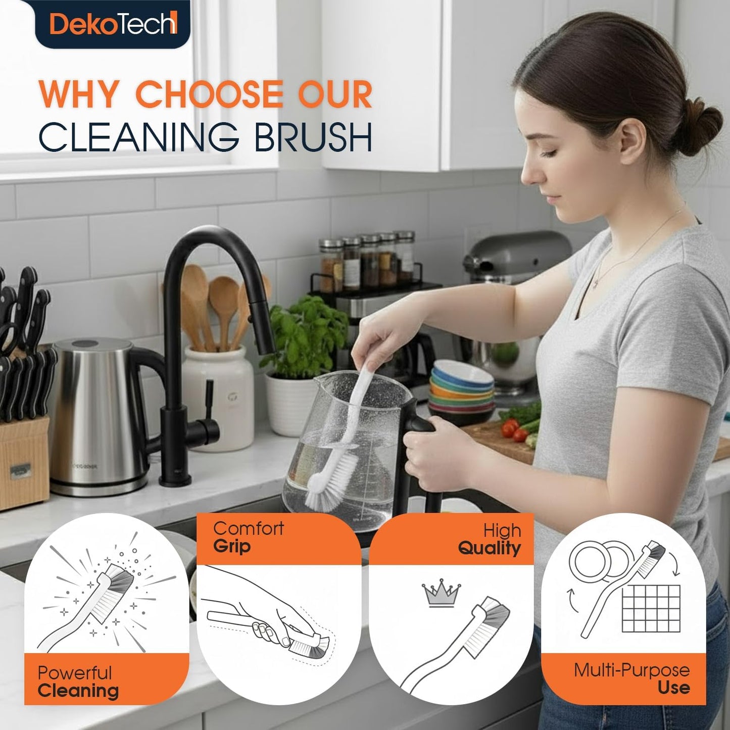 Cleaning Brush for Kitchen and Bathroom – Stiff Bristle Scrub Brush for Bottles, Pots, Pans, Sinks, Edges, Corners, and Tile Grout Lines - Ergonomic Grip & Hanging Design (Pack 2)