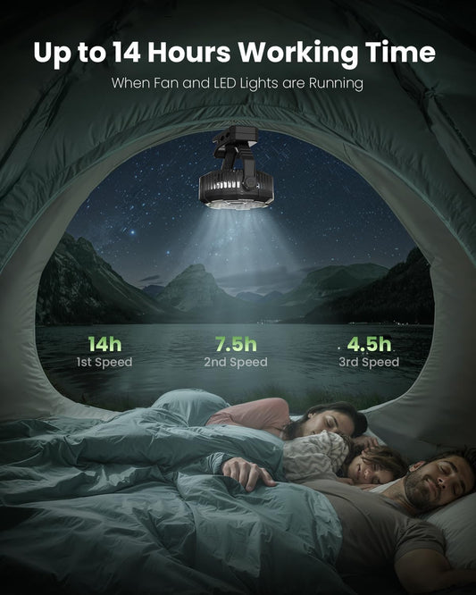 Gaiatop Portable Camping Fan with LED Lantern, 360°Rotation and Clip on for Desk, USB Rechargeable Battery Powered, Digital Display and Hanging Hook for Tent Outdoor Travel Bedroom Black