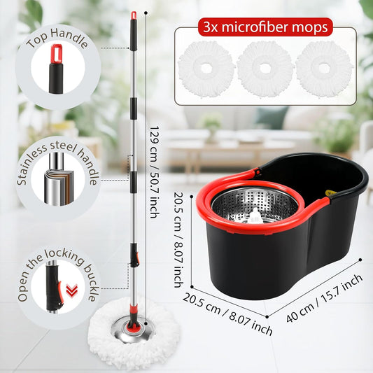 Spin Mop and Bucket with Wringer Set, 360° Spinning Mop and Bucket System with 3 Microfiber Mop Replacement Heads and 51" Stainless Steel Adjustable Handle for Mop Floor Cleaning