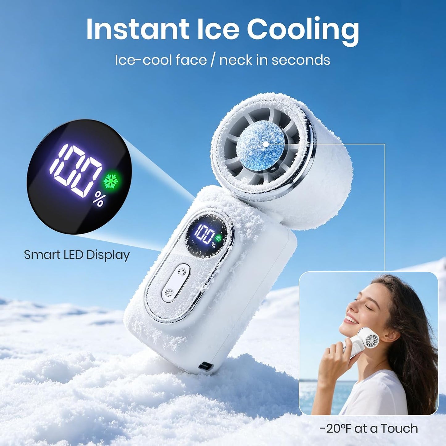 Clip-On Portable Fan with Ice Cooling, 5 Speeds Rechargeable Handheld Mini Fan with LED Display, 180° Portable Turbo Fan for Stroller, Eye Lash, Travel, Concert, Beach, Gifts for Women (White)