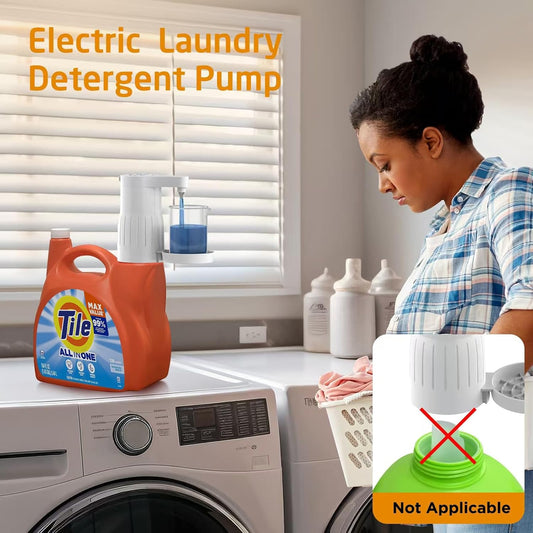 【IMPORTANT! Measure First】Electric Laundry Detergent Pump - Reusable Laundry Detergent Dispenser with Graduated Cup for Liquid Detergent, USB Rechargeable, Ideal for Laundry Room Organization (White)