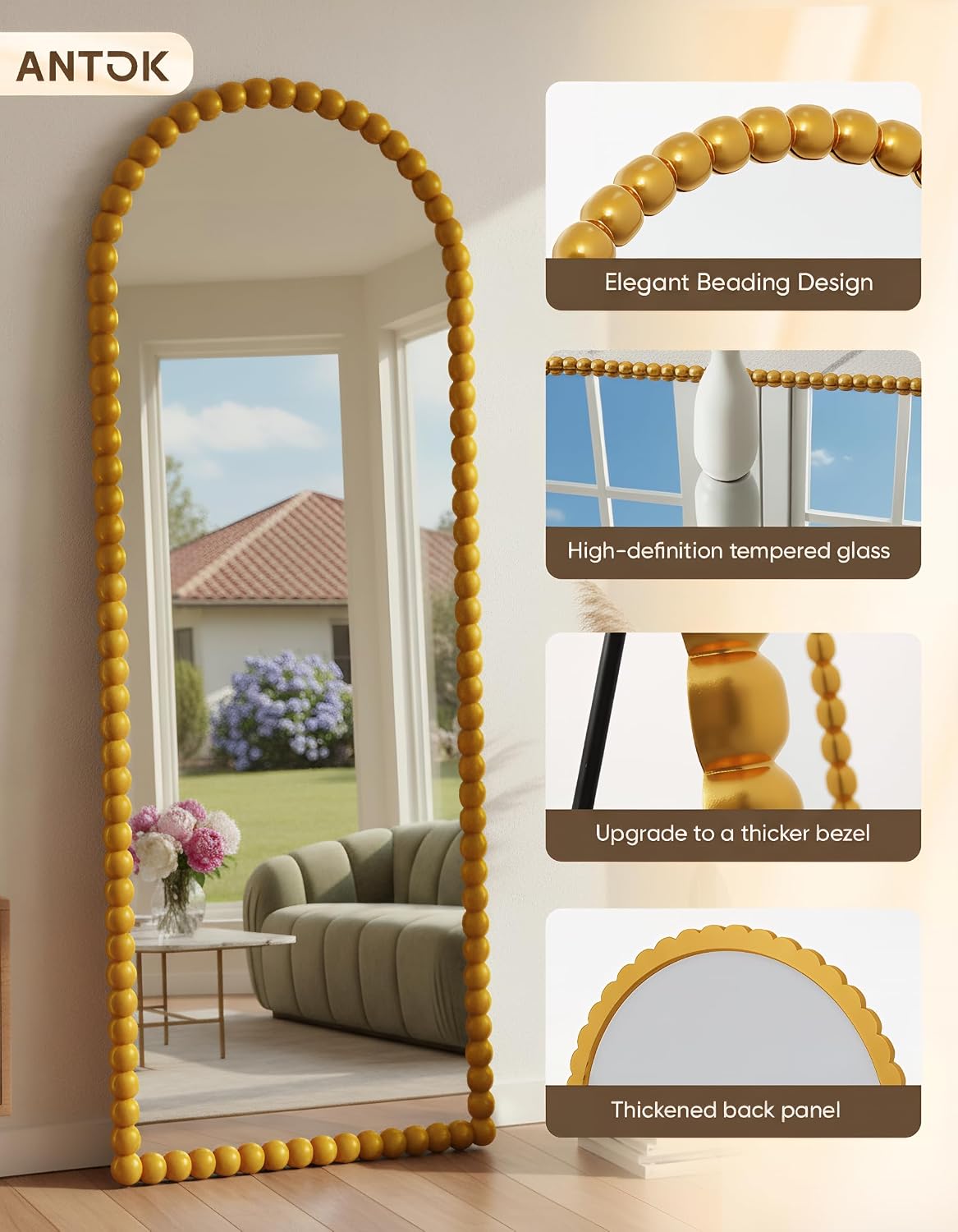 Antok 58" x 21" Arched Full Length Mirror, Antique Beaded Frame Floor Standing or Wall Mounted Mirror with Stand for Bedroom, Entryway, Brown, Luxury Style