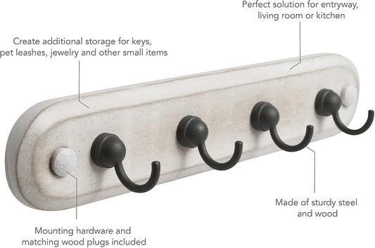 Spectrum Farmhouse Key Holder Wall Mount Rack for Entryway Garage Mudroom Hanging Organization, Easy Install Rustic Key Ring Holder Rack for Keychains Rings & Fobs, White Washed with Black Hooks