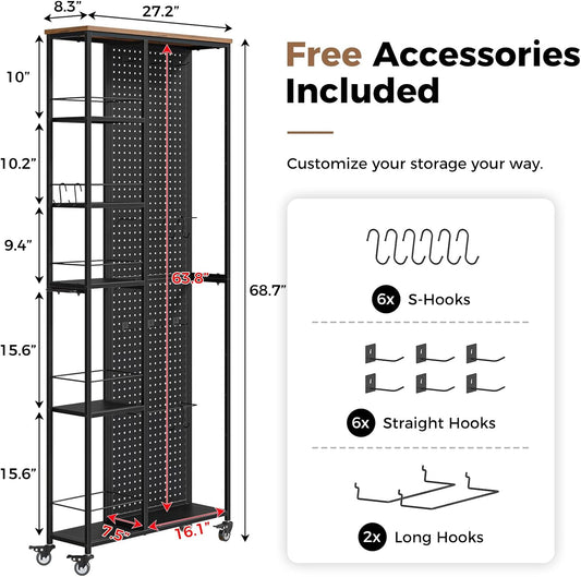 Slim Rolling Storage Cart, 8.3 Inch Narrow Storage Cart with Wheels, Pegboard & 5 Tier Shelves, Mobile Slim Storage Rack Next to Fridge for Kitchen, Laundry, White
