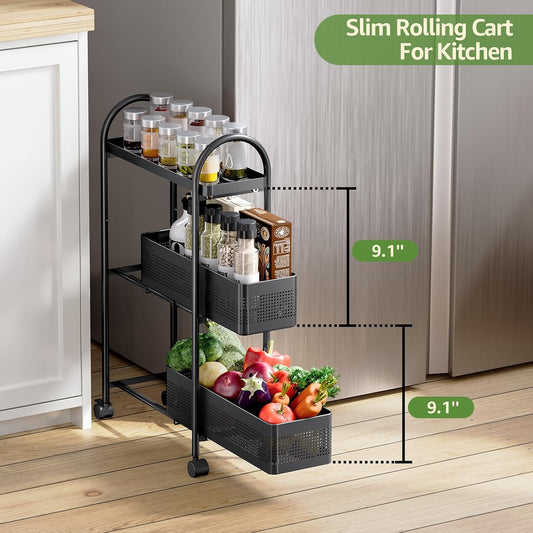KINGRACK Slim Storage Cart with Drawer, 5-Tier Rolling Utility Cart on Wheels, Narrow Metal Cart for Space Save, Easy Assembly for Kitchen Cart, Craft Cart, Laundry, Bathroom, Nursery Organizer