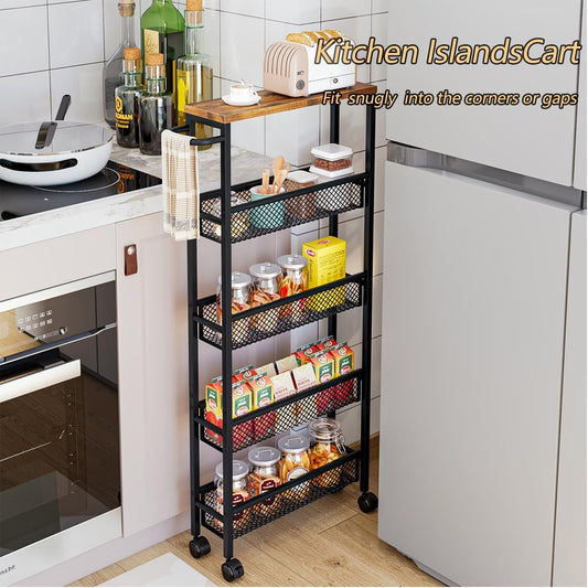 AZERPIAN Slim Rolling Cart 4 Tier Narrow Storage Cart on Wheels with MDF Board Top and Metal Handle for Small Space Kitchen Living Room Home Office Pantry Bathroom Laundry Room(16.54×5.12×30.31 inch)