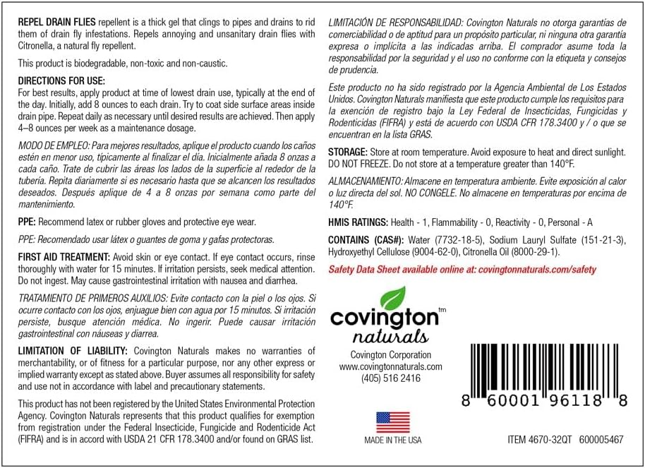 Covington Drain Fly Treatment Gel (32oz) Drain Maintenance & Odor Control for Kitchen & Bathroom Drains, Plant Based Thick Clinging Formula Breaks Down Grease & Organic Build-Up. Made in USA