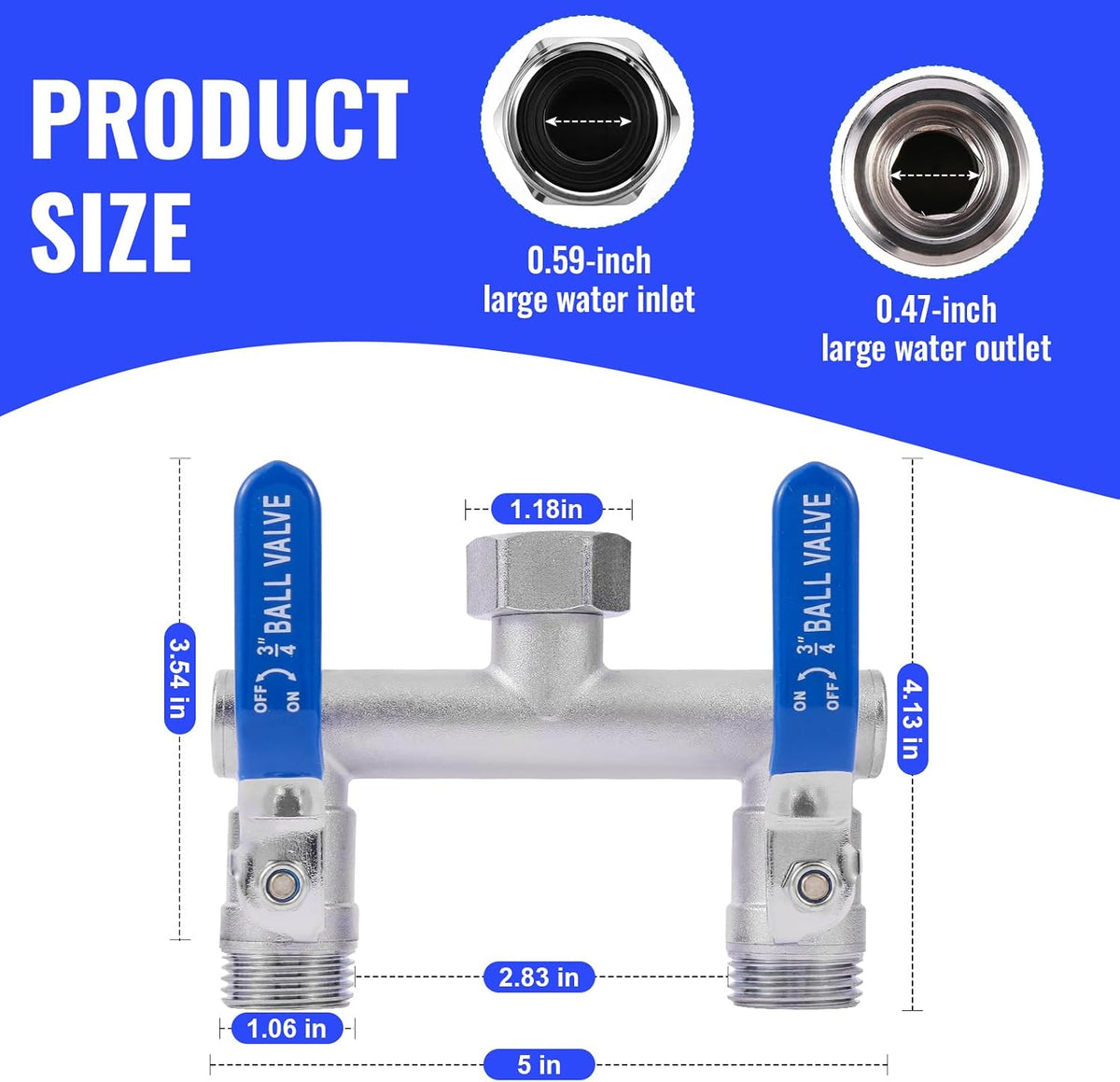 2 Way Garden Hose Splitter, Stainless Steel, Heavy Duty 304 Stainless Steel Full Flow T Valve with Long Handle, Lead-Free Rust & Freeze Resistant, 3/4" GHT Thread Outdoor Water Hose Adapter