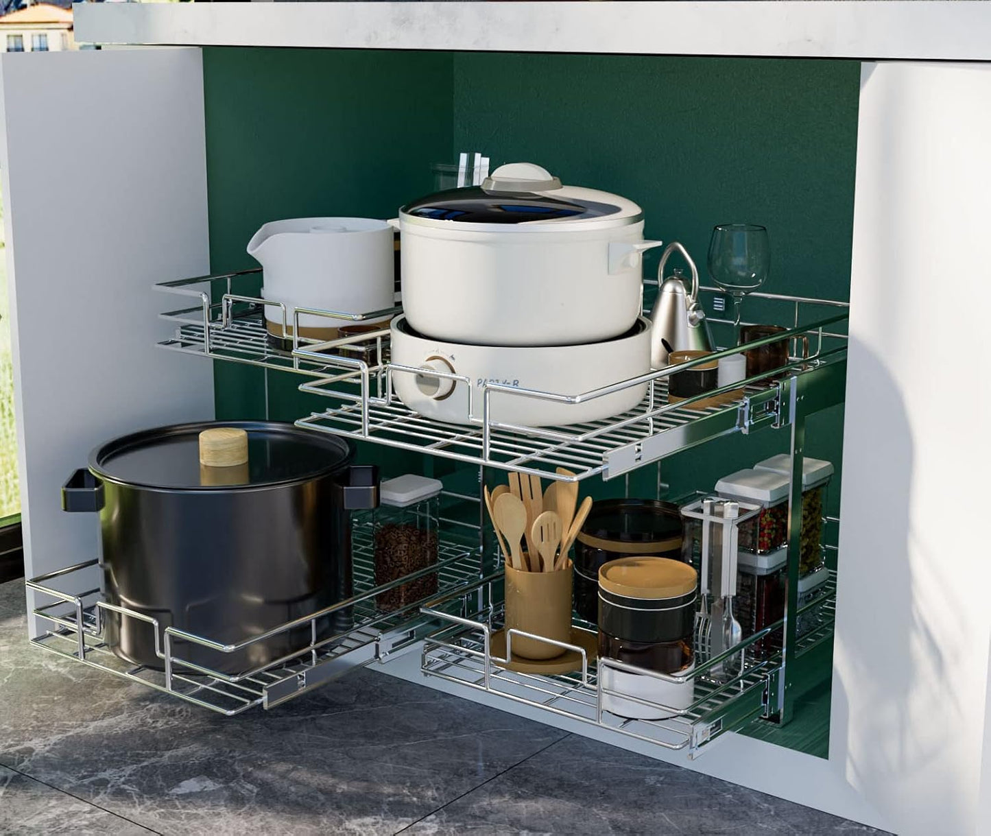 LOVMOR 2 Tier 31½"W x 21½"D, Individual Pull Organizer Kitchen Cabinet Storage Sliding Shelves