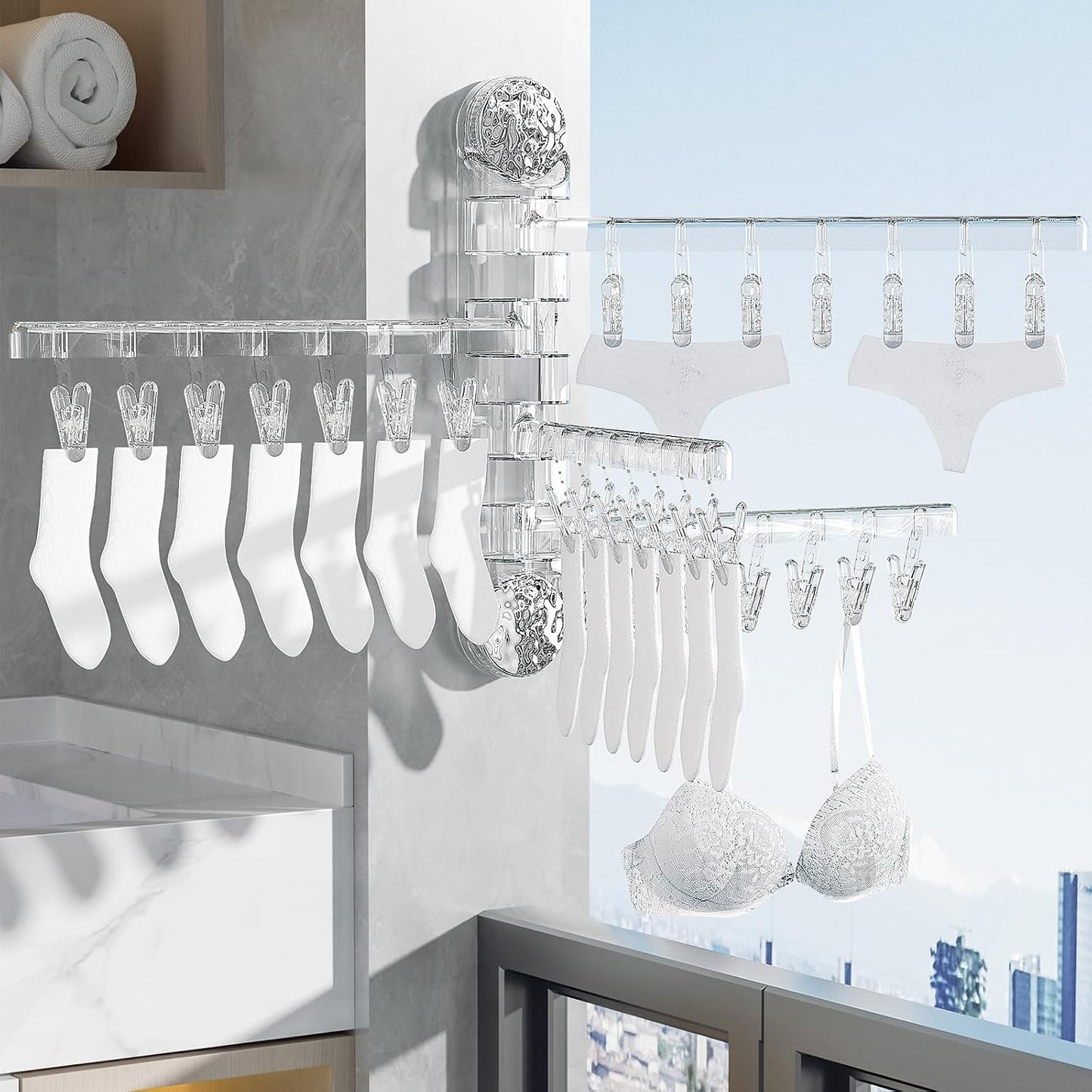 Clothes Drying Rack Wall Mounted, Clothes Drying Rack Folding with Clip, 180° Rotation, Balcony Drying Rack Dryer, Space Saver for Socks, Underwear, Rags, Towels
