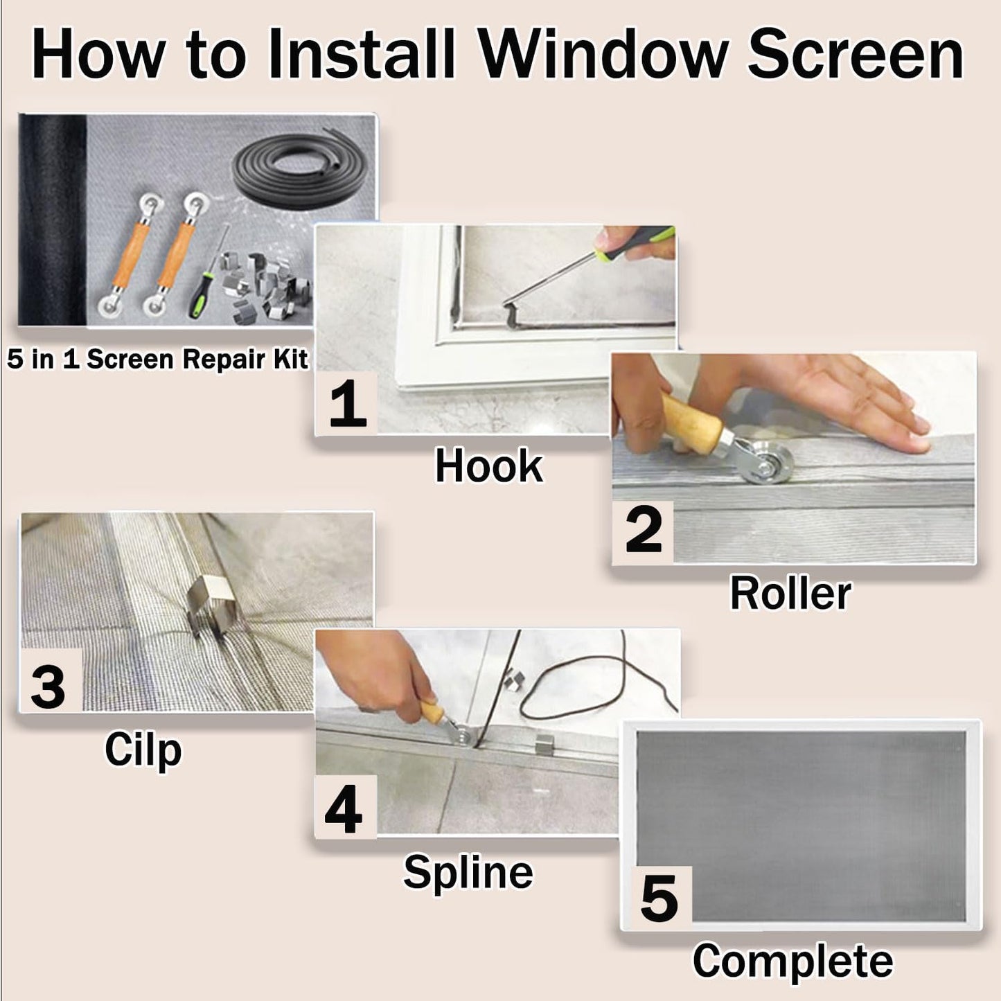 King&Charles Screen Repair Kit,5-in-1 Screen Roller Tool,0.14inx32ft Spline | Steel/Nylon Roller, 8 Clips, Hook Screen Door Repair Kit, Window Mesh, Window Screens, Patio and RV Mesh Replacement