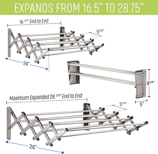 Smartsome Wall Mounted Clothes Drying Rack | Adjustable to Fit Your Space | 20 Linear Feet Drying Capacity | 8 Stainless Steel Rods | 60 lb Capacity | Fully Assembled | Compact Space-Saving Design