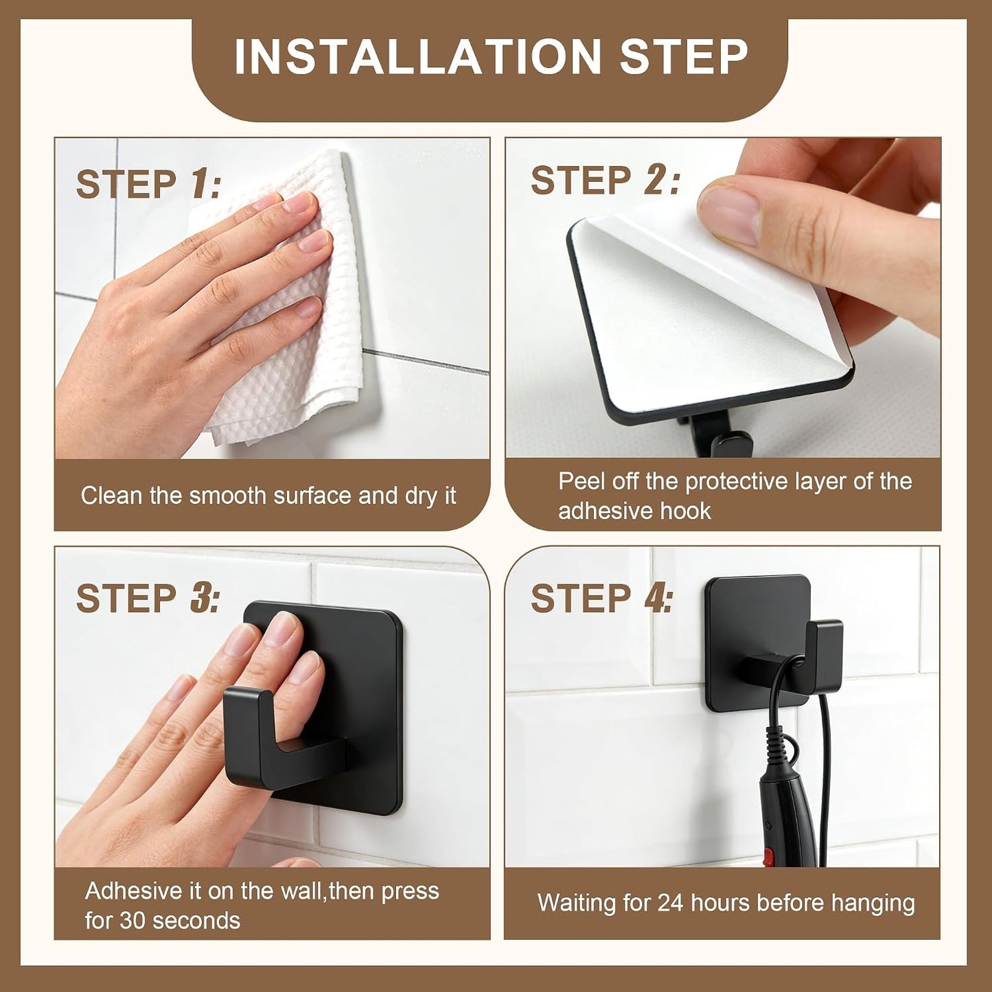 6 Pack Black Heavy Duty Adhesive Hooks, 26lb Max Waterproof Stainless Steel Adhesive Wall Hooks for Hanging, No Drill Sticker Hooks for Bathroom Kitchen Towels