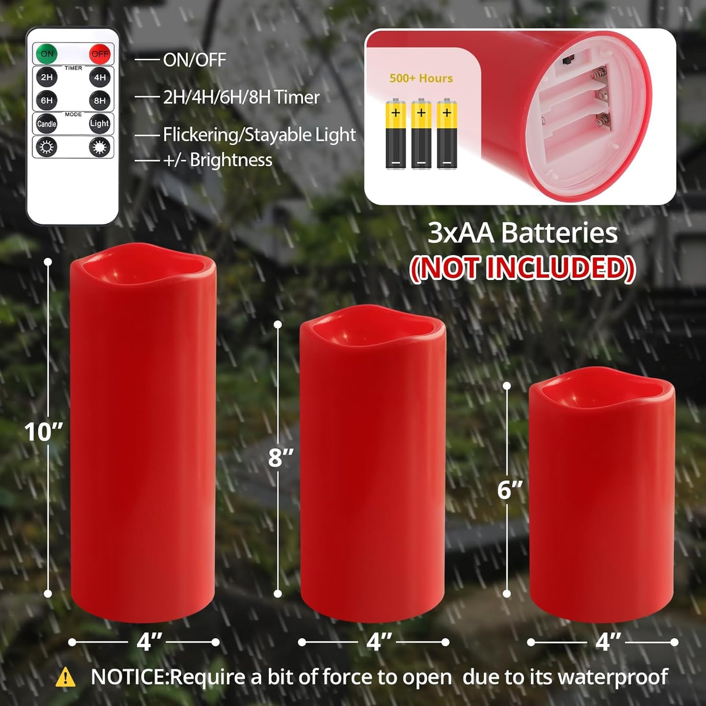 NURADA Large Waterproof Flameless Candles 6" 8" 10" x 4" - Outdoor Indoor LED Pillar Flickering Candle Battery Operated with Timer Remote for Patio Porch Lanterns - Ivory White Set of 3